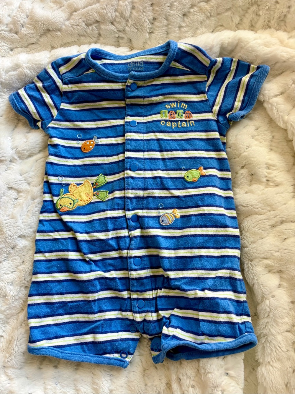 Child of Mine by Carter’s Boys Striped “Swim Captain” Romper — 3–6M ⚓🐟
